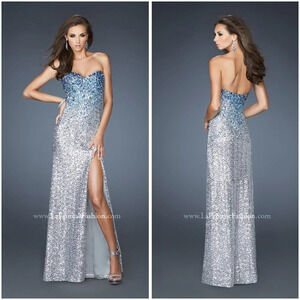 La Femme Silver Blue Ombre Sequined Strapless Formal Gown $425
